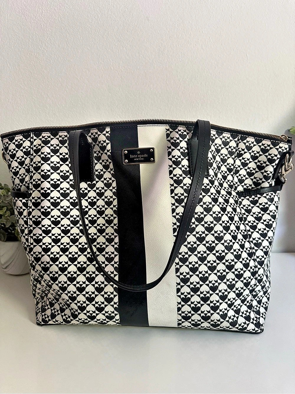 kate spade Classic Nylon Stevie Diaper Bag Tote in Black & White